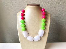 Load image into Gallery viewer, Pink Green &amp; White Big Bead Necklace, Statement Jewelry, pink and green Chunky bib, bridesmaid necklace, green and pink jewelry, beaded long