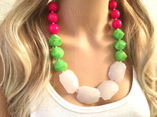 Load image into Gallery viewer, Pink Green &amp; White Big Bead Necklace, Statement Jewelry, pink and green Chunky bib, bridesmaid necklace, green and pink jewelry, beaded long