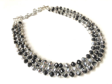 Black & Silver Glass crystal necklace, multi strand formal jewelry, black wedding Chunky Statement Necklace, silver black beaded jewelry