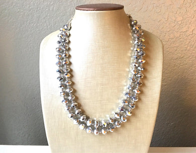 Silver Glass crystal necklace, multi strand formal jewelry, gray wedding Chunky Statement Necklace, silver beaded jewelry chunky