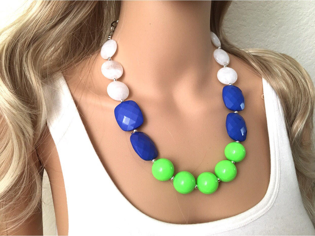 Royal Blue, White & Lime Big Bead Necklace, single Strand Statement Jewelry, white blue green Chunky bib, bridesmaid, lime green royal blue