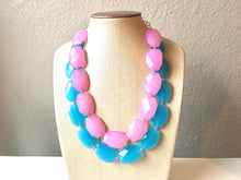 Load image into Gallery viewer, Blue &amp; Blush Pink Necklace, multi strand jewelry, big beaded chunky statement necklace, blue necklace, bridesmaid necklace, bib necklace