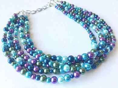 Pearl Mermaid Chunky Jewel Tone Statement Necklace, multi Strand Beaded Jewelry, Purple Blue Green jewelry, mermaid necklace, purple necklac