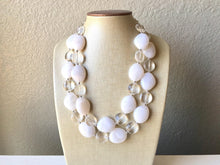 Load image into Gallery viewer, White &amp; Clear silver necklace, statement necklace, white jewelry, big beaded multi strand chunky necklace, white chunky statement jewelry