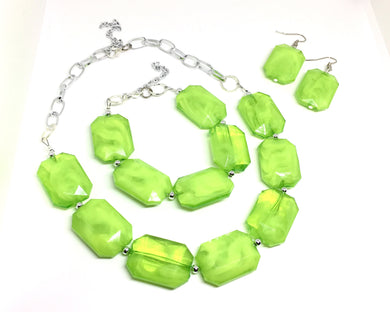 Creamy lime green Statement Necklace & Earrings, lime green jewelry, Your Choice GOLD or SILVER, green bib chunky necklace, green necklace
