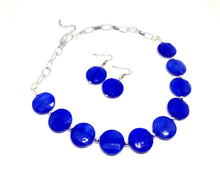 Load image into Gallery viewer, Royal Blue Statement Necklace &amp; Earring set, royal blue jewelry, Your Choice of GOLD or SILVER, blue bib chunky necklace, blue necklace