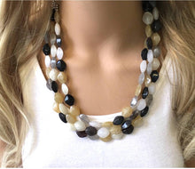 Load image into Gallery viewer, Neutral Statement Necklace, chunky beaded jewelry, chunky black tan white gray necklace, color block beaded necklace, beaded jewelry tan