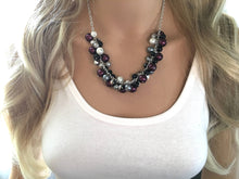 Load image into Gallery viewer, Deep Purple, Gray, and Black Statement Necklace, Pearl Cluster Necklace, Eggplant White Pearl Necklace, Purple Necklace Jewelry