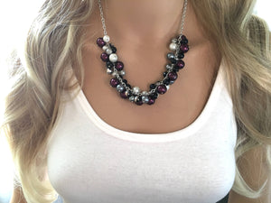 Deep Purple, Gray, and Black Statement Necklace, Pearl Cluster Necklace, Eggplant White Pearl Necklace, Purple Necklace Jewelry