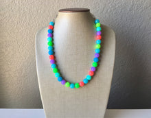 Load image into Gallery viewer, Neon Statement Necklace, neon chunky multi-strand jewelry, coral neon yellow neon green sky blue necklace, single strand silver necklace