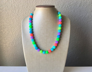 Neon Statement Necklace, neon chunky multi-strand jewelry, coral neon yellow neon green sky blue necklace, single strand silver necklace