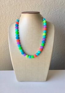 Neon Statement Necklace, neon chunky multi-strand jewelry, coral neon yellow neon green sky blue necklace, single strand silver necklace