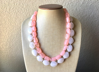 Peach & White Statement Necklace, Chunky Jewelry Big Beaded double Strand Necklace, light pink Necklace, peach Jewelry Set, peach bridesmaid