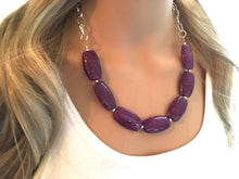 Load image into Gallery viewer, Purple Statement Necklace &amp; Earrings, dark purple jewelry, Your Choice GOLD or SILVER, purple bib chunky necklace, purple freckle necklace