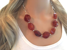 Load image into Gallery viewer, Amber Statement Necklace &amp; Earrings, amber jewelry, Your Choice GOLD or SILVER, amber brown bib chunky necklace, brown oval necklace