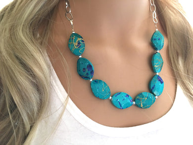 Turquoise Statement Necklace & Earrings, green jewelry, Your Choice GOLD or SILVER, green bib chunky necklace, green blue painted necklace