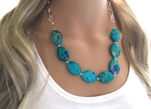 Load image into Gallery viewer, Turquoise Statement Necklace &amp; Earrings, green jewelry, Your Choice GOLD or SILVER, green bib chunky necklace, green blue painted necklace