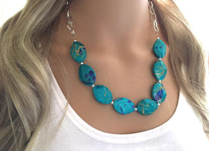 Turquoise Statement Necklace & Earrings, green jewelry, Your Choice GOLD or SILVER, green bib chunky necklace, green blue painted necklace