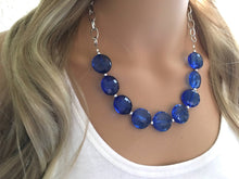 Load image into Gallery viewer, Royal Blue Statement Necklace &amp; Earrings, blue jewelry, Your Choice GOLD or SILVER, blue bib chunky necklace, blue circle necklace