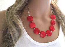 Load image into Gallery viewer, Cherry Red Statement Necklace &amp; Earring set, red jewelry, Your Choice of GOLD or SILVER, red bib chunky necklace, red circle jewelry