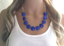 Load image into Gallery viewer, Royal Blue Statement Necklace &amp; Earring set, royal blue jewelry, Your Choice of GOLD or SILVER, blue bib chunky necklace, blue necklace