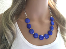 Load image into Gallery viewer, Royal Blue Statement Necklace &amp; Earring set, royal blue jewelry, Your Choice of GOLD or SILVER, blue bib chunky necklace, blue necklace