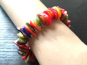 Rainbow Beaded Statement bracelet, shell stretch bracelet, rainbow beaded jewelry, stretch bracelet, multi color beaded rainbow bracelet