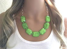 Load image into Gallery viewer, Creamy lime green Statement Necklace &amp; Earrings, lime green jewelry, Your Choice GOLD or SILVER, green bib chunky necklace, green necklace