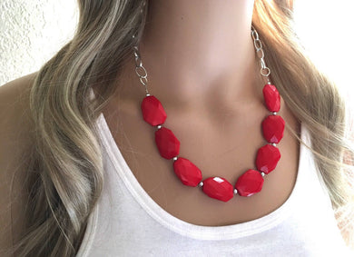 Red Statement Necklace & Earrings, red jewelry, Your Choice GOLD or SILVER, red bib chunky necklace, red necklace