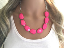 Load image into Gallery viewer, Hot pink Statement Necklace &amp; Earrings, hot pink jewelry, Your Choice GOLD or SILVER, pink bib chunky necklace, pink necklace