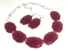 Load image into Gallery viewer, Maroon Red Statement Necklace &amp; earring set, red jewelry, Your Choice GOLD or SILVER, marsala bib chunky necklace, red geometric necklace