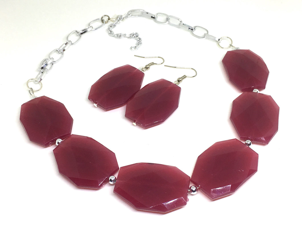 Maroon Red Statement Necklace & earring set, red jewelry, Your Choice GOLD or SILVER, marsala bib chunky necklace, red geometric necklace