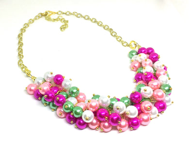 Green & Pink Pearl Preppy Cluster Necklace, pink and green jewelry, pearl cluster bridesmaid jewelry necklace, pearl jewelry, wedding