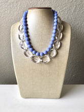 Load image into Gallery viewer, Clear &amp; Periwinkle Statement Necklace, Chunky Beaded Necklace, Periwinkle Jewelry, light blue purple Necklace, blue white beaded necklace