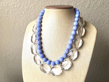 Load image into Gallery viewer, Clear &amp; Periwinkle Statement Necklace, Chunky Beaded Necklace, Periwinkle Jewelry, light blue purple Necklace, blue white beaded necklace