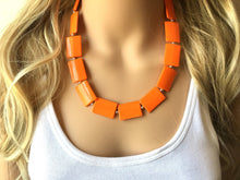 Load image into Gallery viewer, Orange Rectangle Chunky Statement Necklace, Big beaded bib jewelry, Single Strand Statement Necklace, bright orange bridesmaid wedding