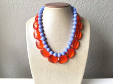 Load image into Gallery viewer, Red- Orange &amp; Periwinkle Statement Necklace, Chunky Beaded Necklace, Periwinkle Jewelry, light blue purple Necklace, blue red orange beaded