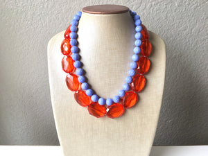 Red- Orange & Periwinkle Statement Necklace, Chunky Beaded Necklace, Periwinkle Jewelry, light blue purple Necklace, blue red orange beaded