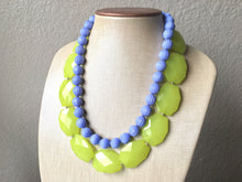 Load image into Gallery viewer, Lime Green &amp; Periwinkle Statement Necklace, Chunky Beaded Necklace, Periwinkle Jewelry, light blue purple Necklace, green beaded necklace