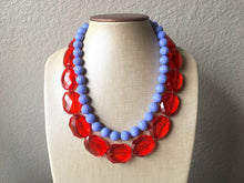 Load image into Gallery viewer, Red &amp; Periwinkle Statement Necklace, Chunky Beaded Necklace, Periwinkle Jewelry, light blue purple Necklace, blue red beaded necklace