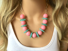 Load image into Gallery viewer, Pink &amp; Mint Green Chunky Statement Necklace, Big beaded jewelry, geometric  Statement Necklace, geometric jewelry, green and pink