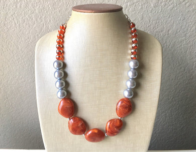 Silver & Rust necklace, single strand jewelry, burnt orange wedding Chunky Statement Necklace, silver orange beaded jewelry chunky