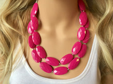 Load image into Gallery viewer, Big Bead hot pink Necklace, Double Strand Statement Jewelry, magenta blush Chunky bib bridesmaid or everyday bubble jewelry, dark pink