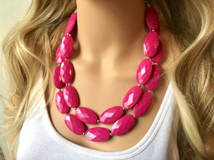 Big Bead hot pink Necklace, Double Strand Statement Jewelry, magenta blush Chunky bib bridesmaid or everyday bubble jewelry, dark pink