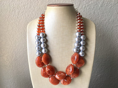 Silver & Rust necklace, double strand jewelry, burnt orange wedding Chunky Statement Necklace, silver orange beaded jewelry chunky