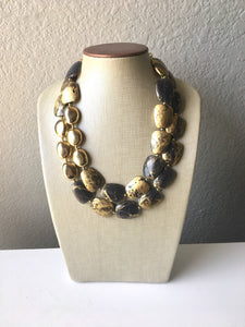 Gold DRENCHED chunky statement necklace, big beaded jewelry gifts for women bib jewelry Multi Strand gold Nugget and gray beaded necklace