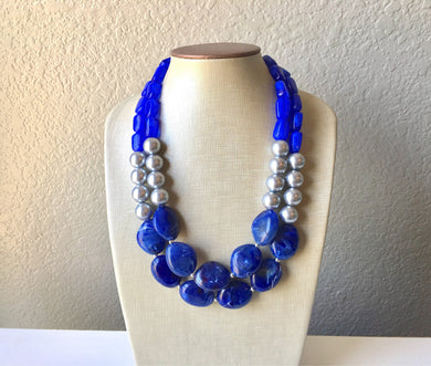 Dark Blue & Silver Chunky Statement Necklace, Big beaded jewelry, Double Strand Statement Necklace, Bib necklace, blue bridesmaid wedding