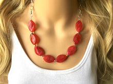 Load image into Gallery viewer, Red Statement Necklace &amp; Earrings, red jewelry, Your Choice GOLD or SILVER, red bib chunky necklace, red necklace