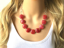 Load image into Gallery viewer, Red Statement Necklace &amp; Earrings, red jewelry, Your Choice GOLD or SILVER, red bib chunky necklace, red necklace