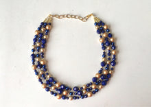 Load image into Gallery viewer, Navy Blue Beaded Necklace, blue Jewelry, Chunky statement necklace, gold blue necklace, navy jewelry, blue statement necklace